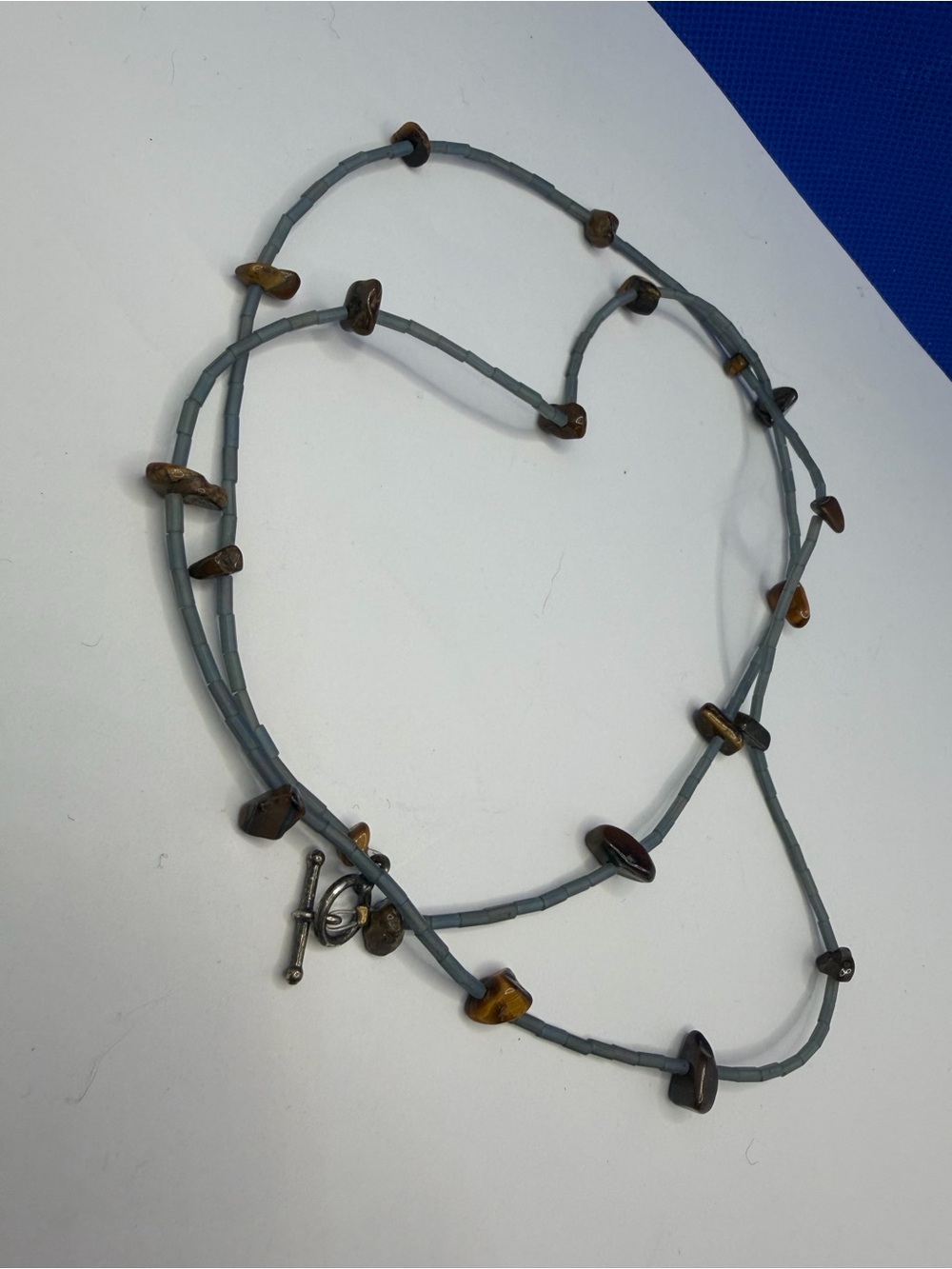 Long Blue Seed Bead Tiger Eye Stone Chip Necklace Boho Layering Jewelry